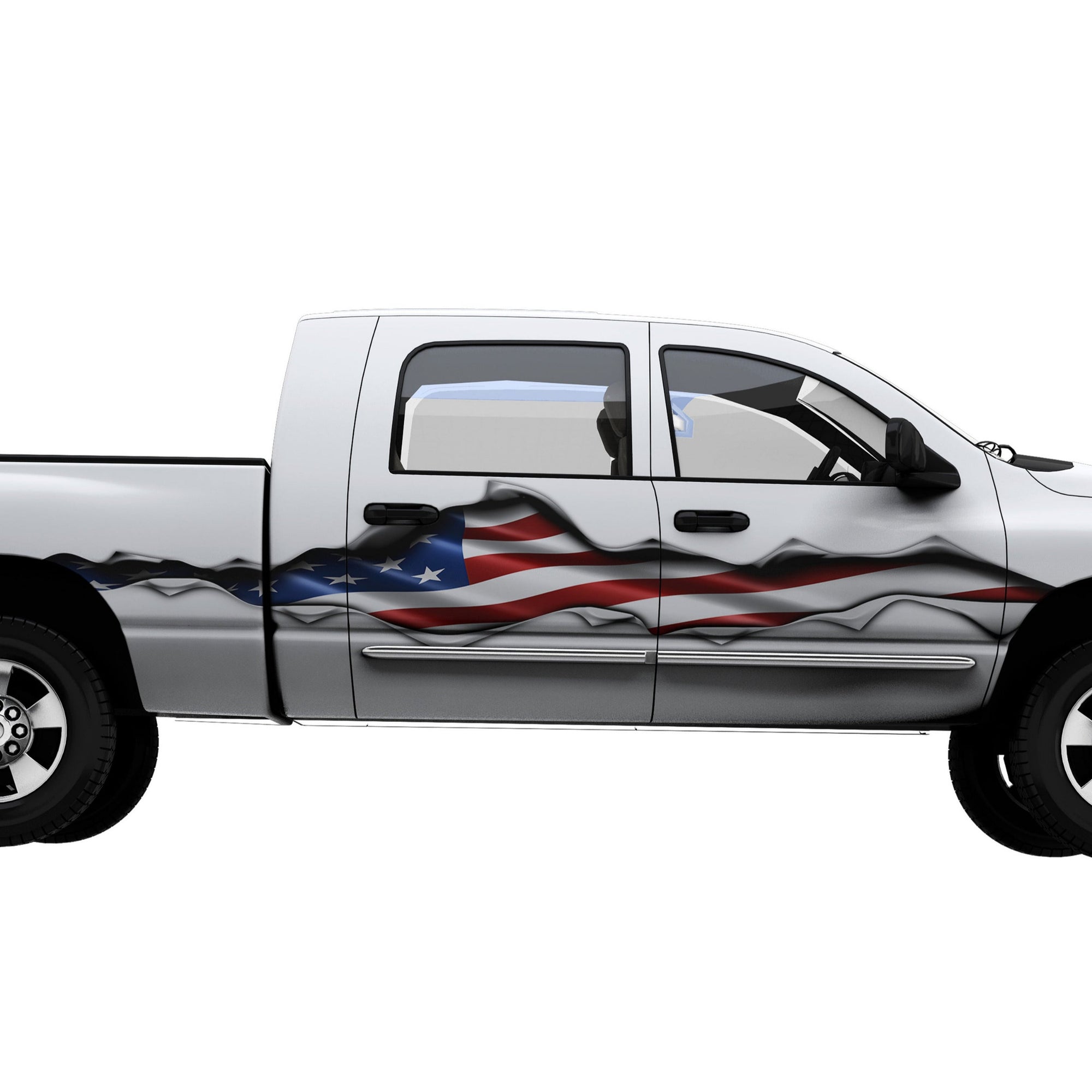 white truck with American flag rip large decal on the side
