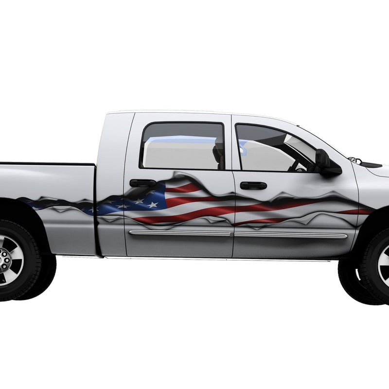 white truck with American flag rip large decal on the side