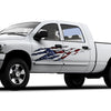 White pickup truck with American flag rip decal design on driver side