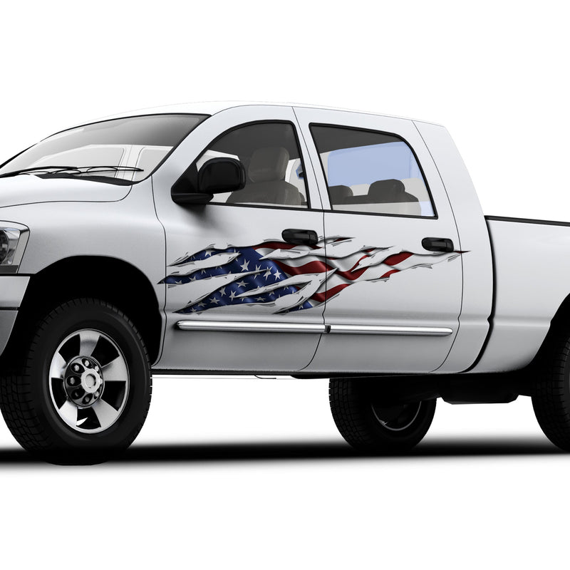 White pickup truck with American flag rip decal design on driver side