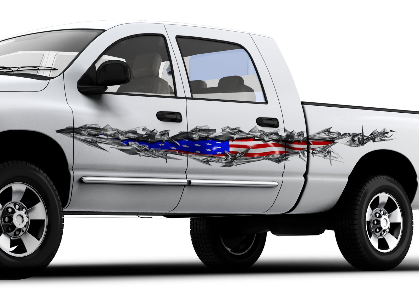 white semi trailer with american flag ripper tear vinyl graphics on driver side