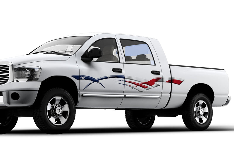 white truck with american flag sweep stripe vinyl decal on driver side of pickup