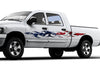 white truck with american flag tribal flames vinyl graphics on driver side