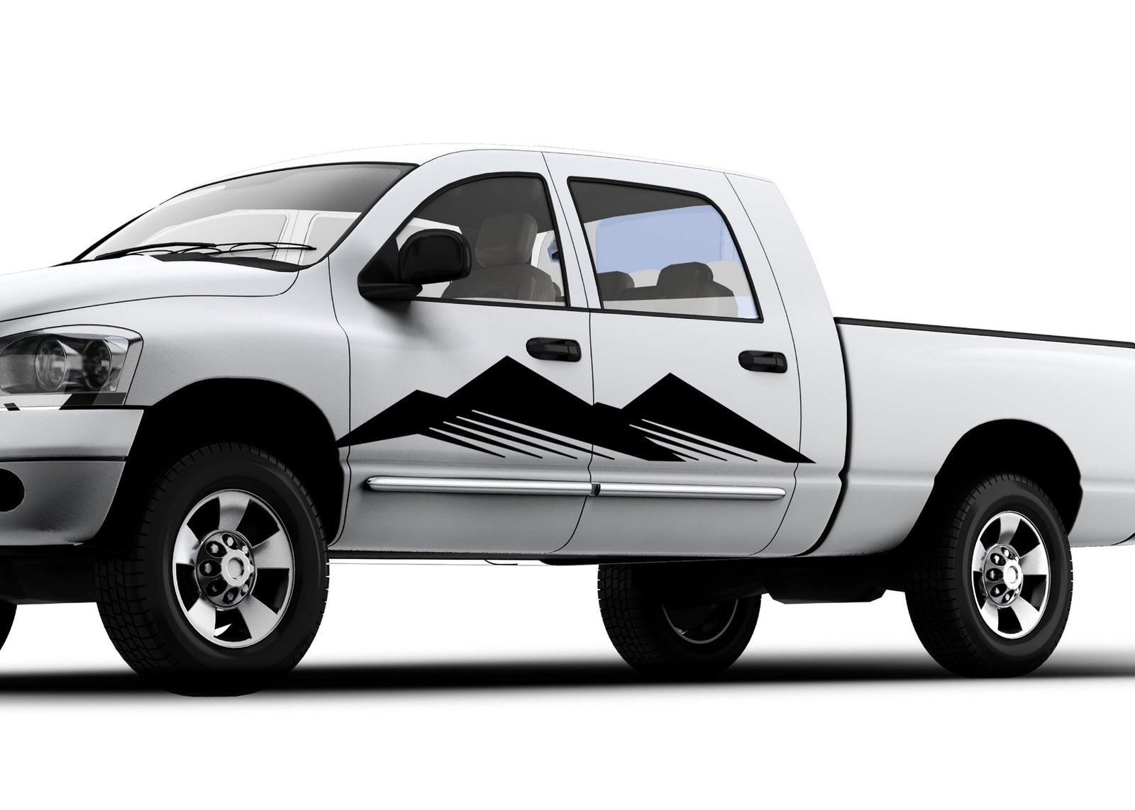 white truck with black mountain silhoute decal on driver side