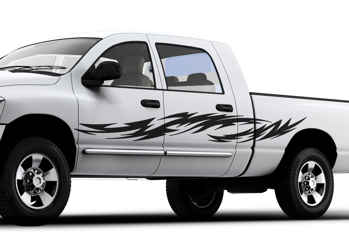 white truck with black tribal streak vinyl decal on driver side
