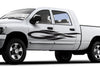 white truck with black vinyl cut comet decal on driver side