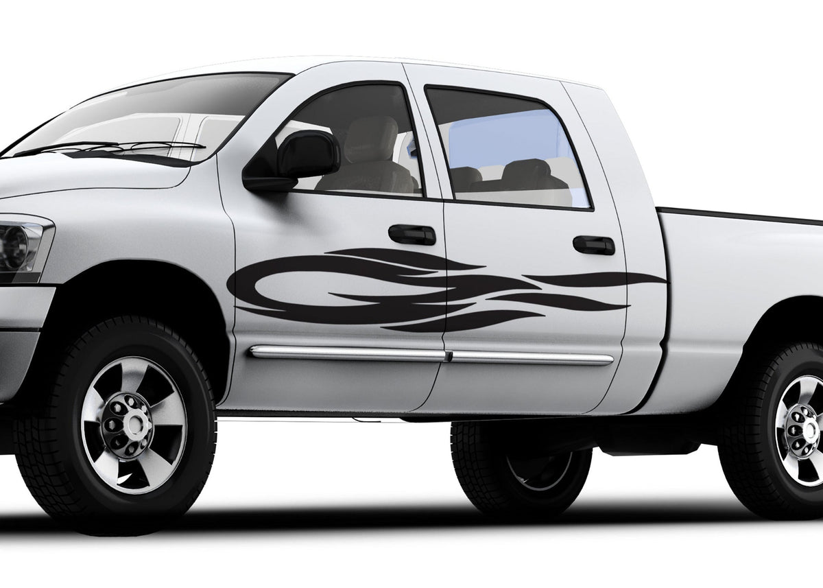 white truck with black vinyl cut comet decal on driver side