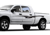 White pickup truck with black vinyl sleek sweep stripe decal on a white background
