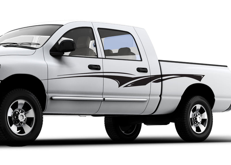 White pickup truck with black vinyl sleek sweep stripe decal on a white background
