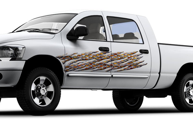 white truck with blaze flames vinyl graphics on driver side