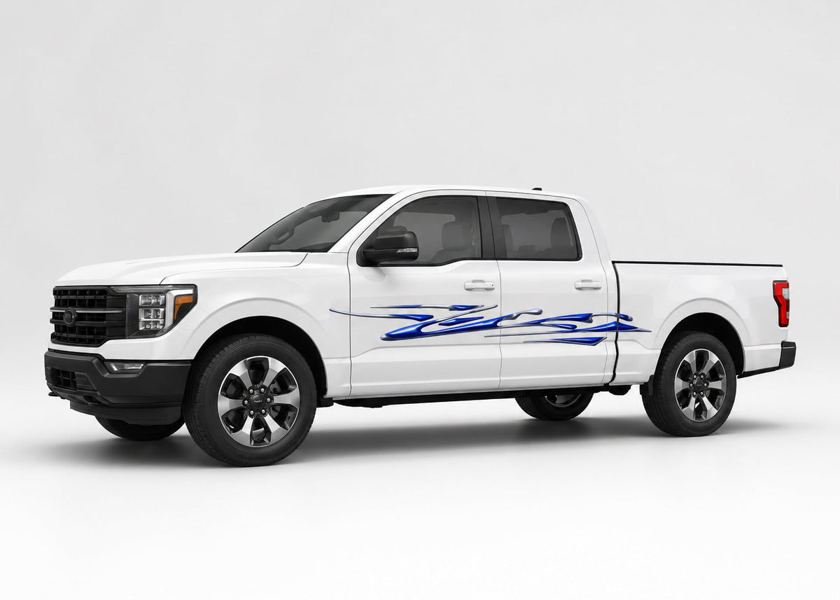 white truck with blue blade streak vinyl decal on driver side