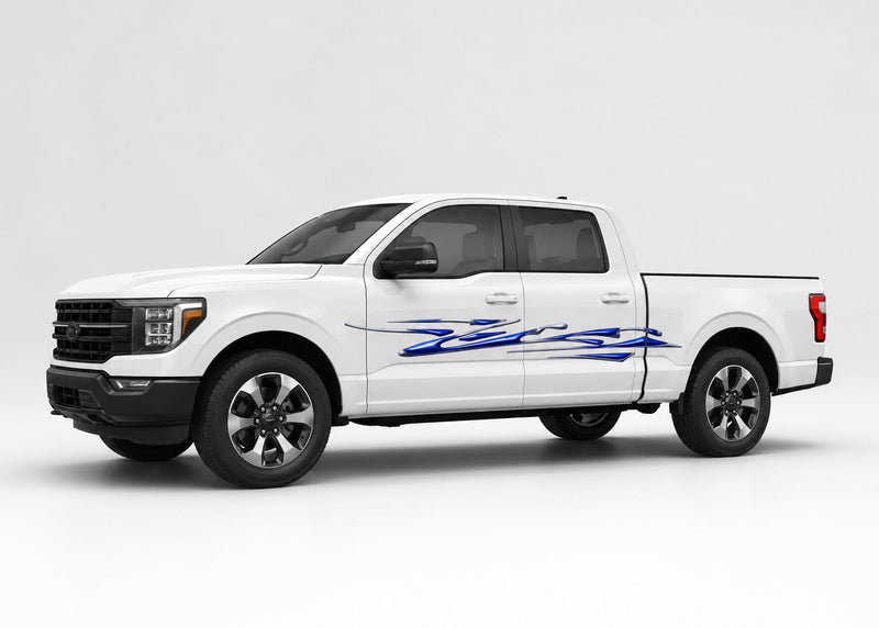 white truck with blue blade streak vinyl decal on driver side