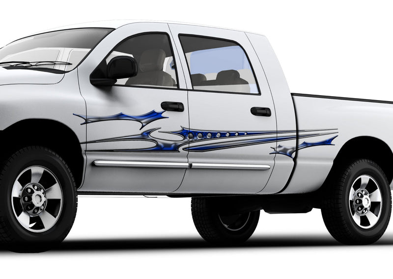 white truck with blue cataclysm decal on driver side