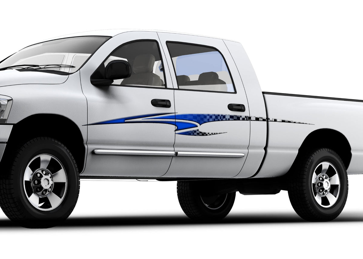 white truck with blue sceptor checkers stripe decal on driver side