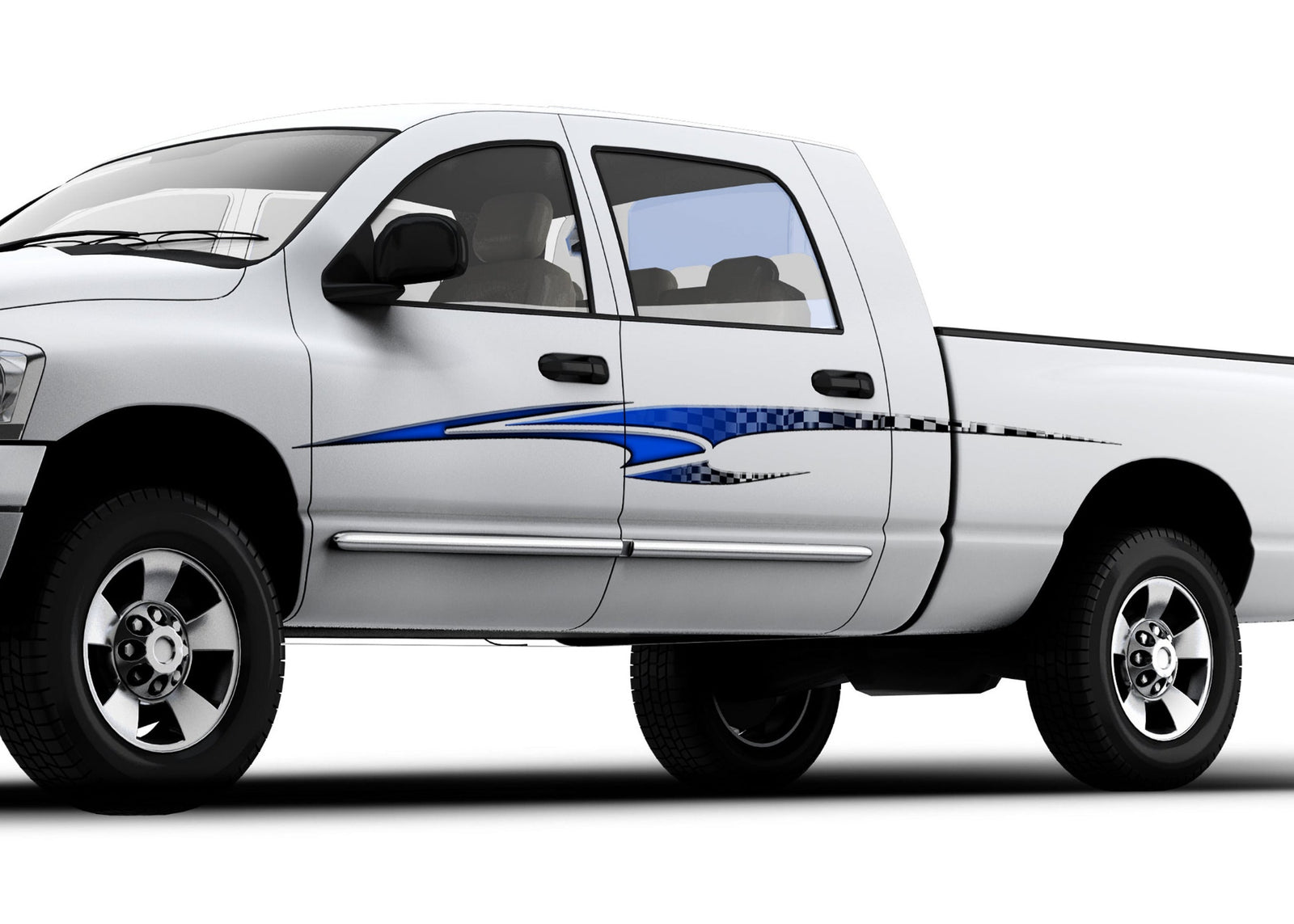 white truck with blue sceptor checkers stripe decal on driver side