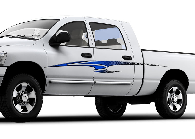 white truck with blue sceptor checkers stripe decal on driver side