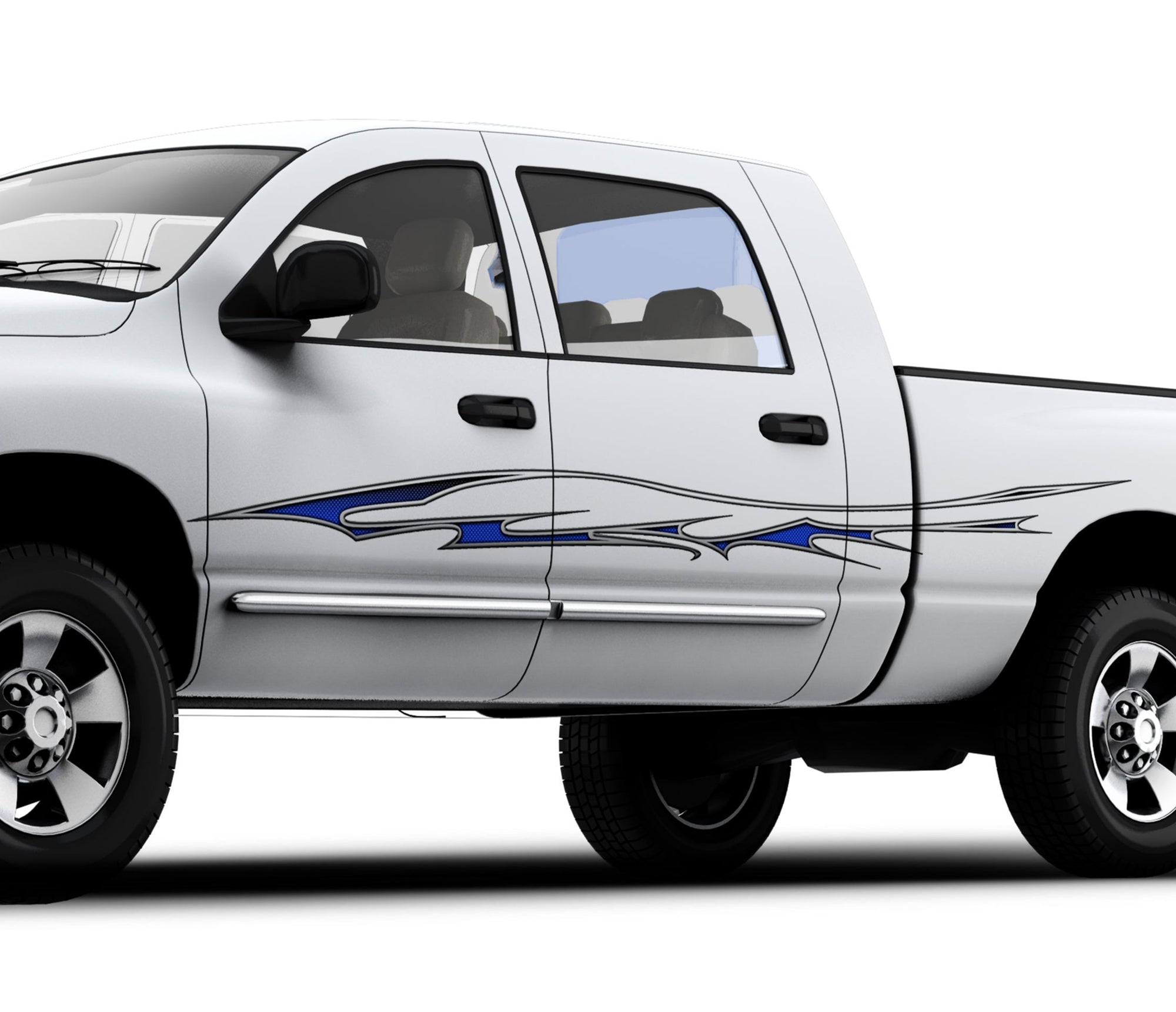 white truck with blue sike carbon fiber stripe graphics on the driver side