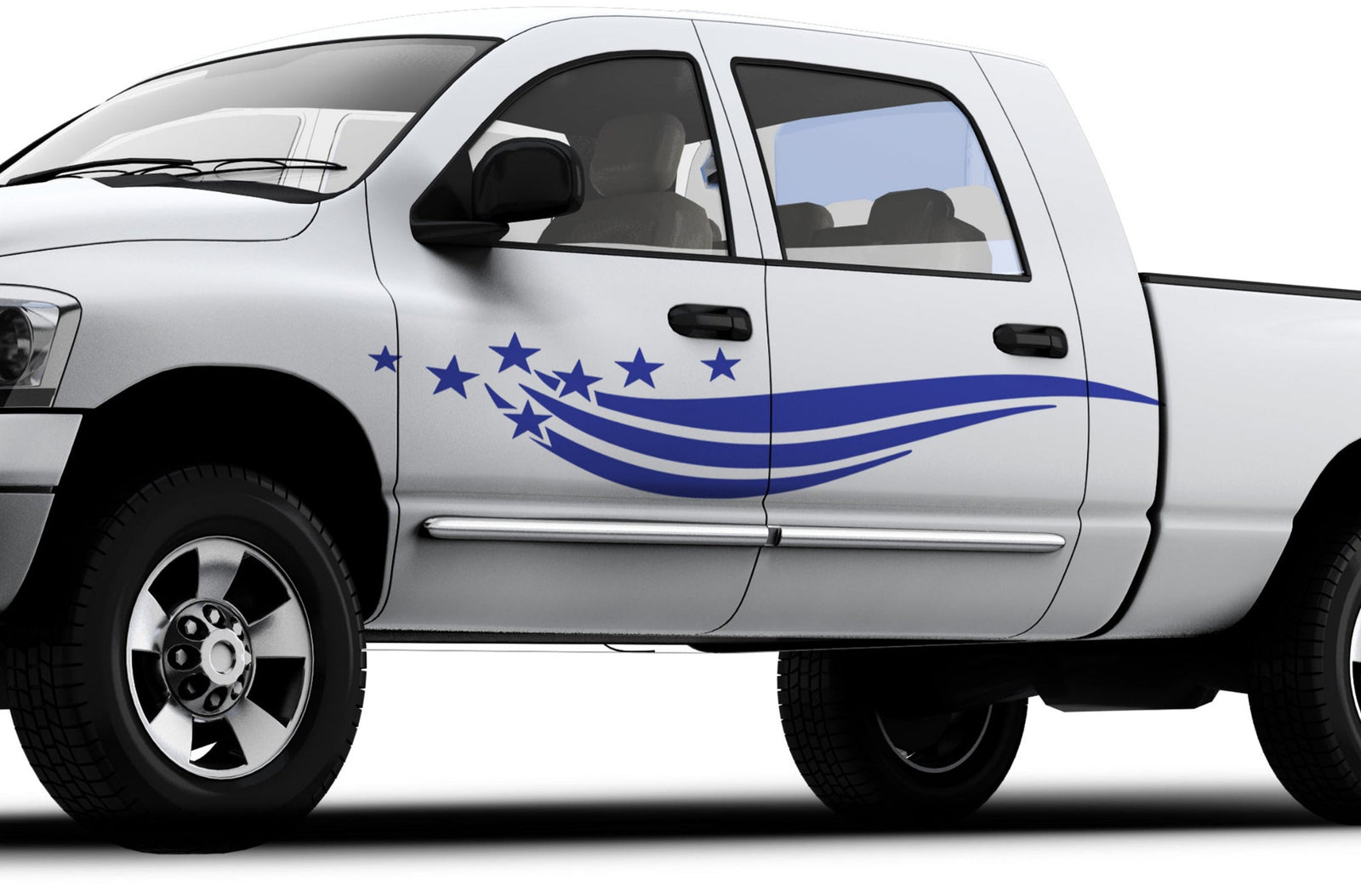 white truck with blue stars ands stripe vinyl decals on driver side