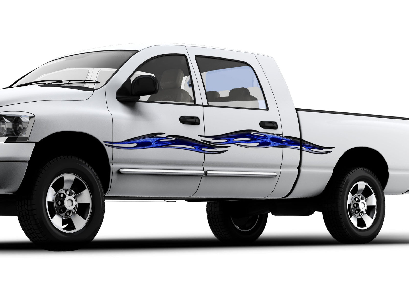 white truck with blue tribal chains vinyl graphic on driver side