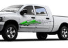 white truck with bright green mud splash vinyl decal on driver side