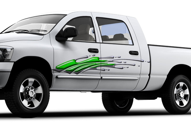white truck with bright green mud splash vinyl decal on driver side