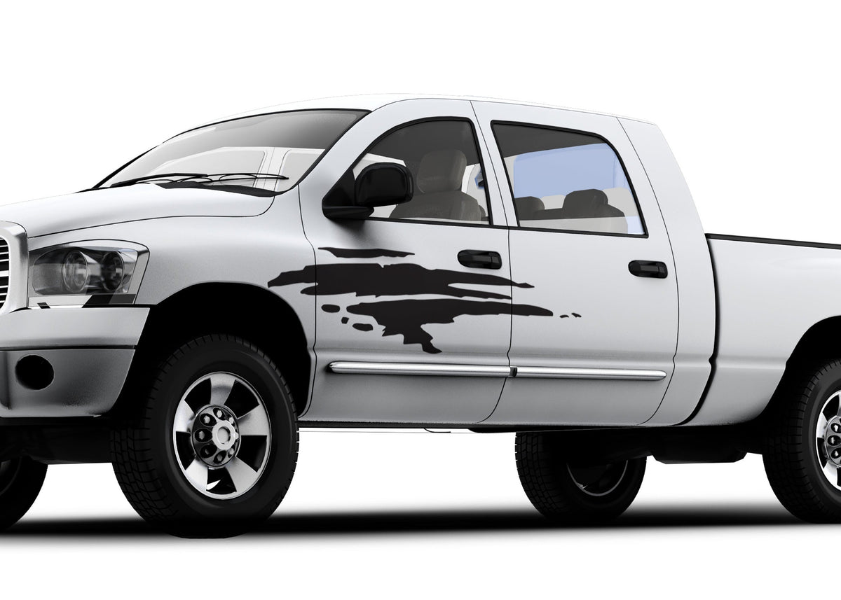 white truck with brush strokes black vinyl decal on driver side