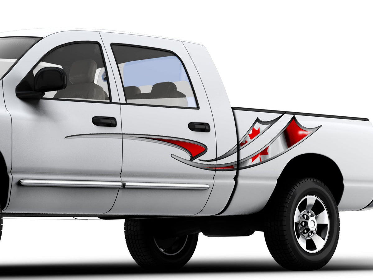 white truck with canadian flag graphic stripe on driver side