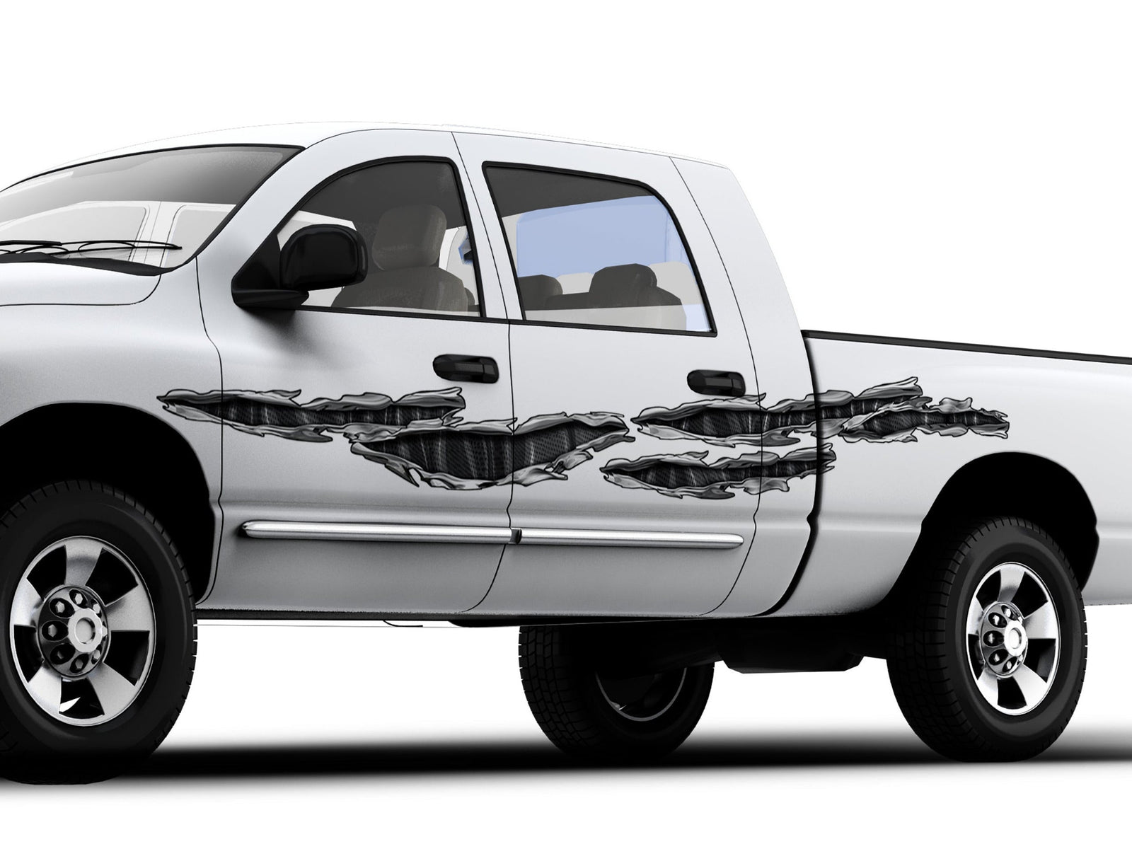 white truck with carbon fiber rip chrome vinyl graphics on driver side