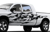 white truck with checkered flag rip vinyl graphics on its driver side