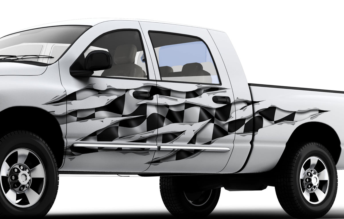 white truck with checkered flag rip vinyl graphics on its driver side