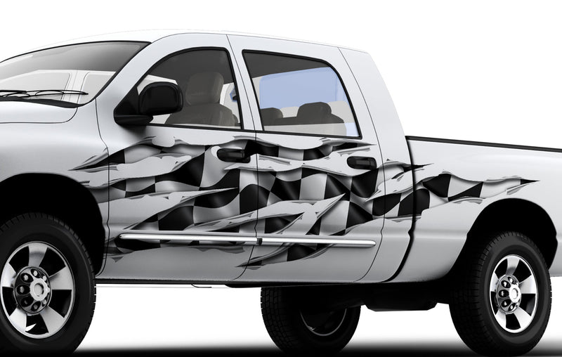 white truck with checkered flag rip vinyl graphics on its driver side