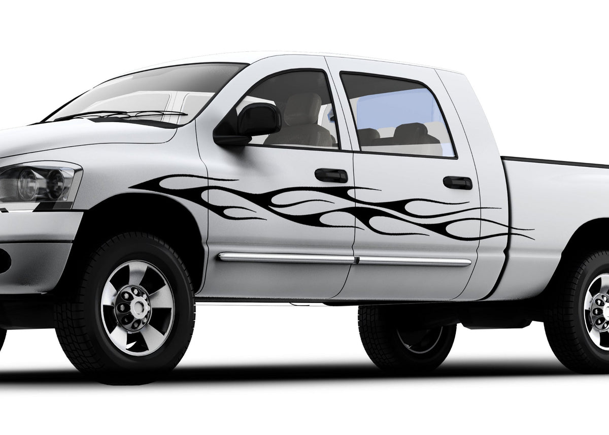 white truck with classic vinyl cut black flames on driver side