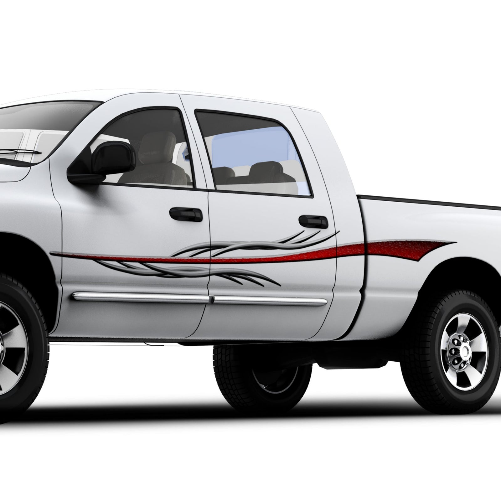 White pickup truck with red dart graphics on its side