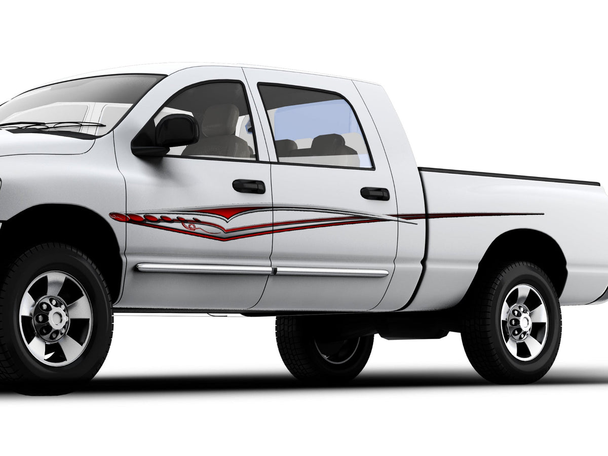 white truck with dilemma red vinyl graphic stripe on driver side