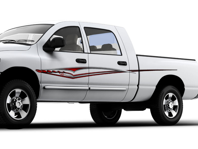 white truck with dilemma red vinyl graphic stripe on driver side