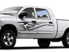 white truck with dragon black dragon skeleton vinyl decal on driver side
