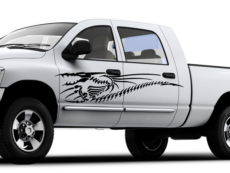 white truck with dragon black dragon skeleton vinyl decal on driver side