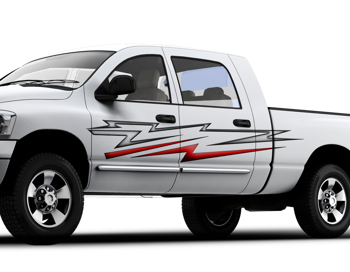 white truck with electro red silver vinyl graphics on it driver side