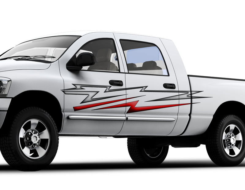white truck with electro red silver vinyl graphics on it driver side