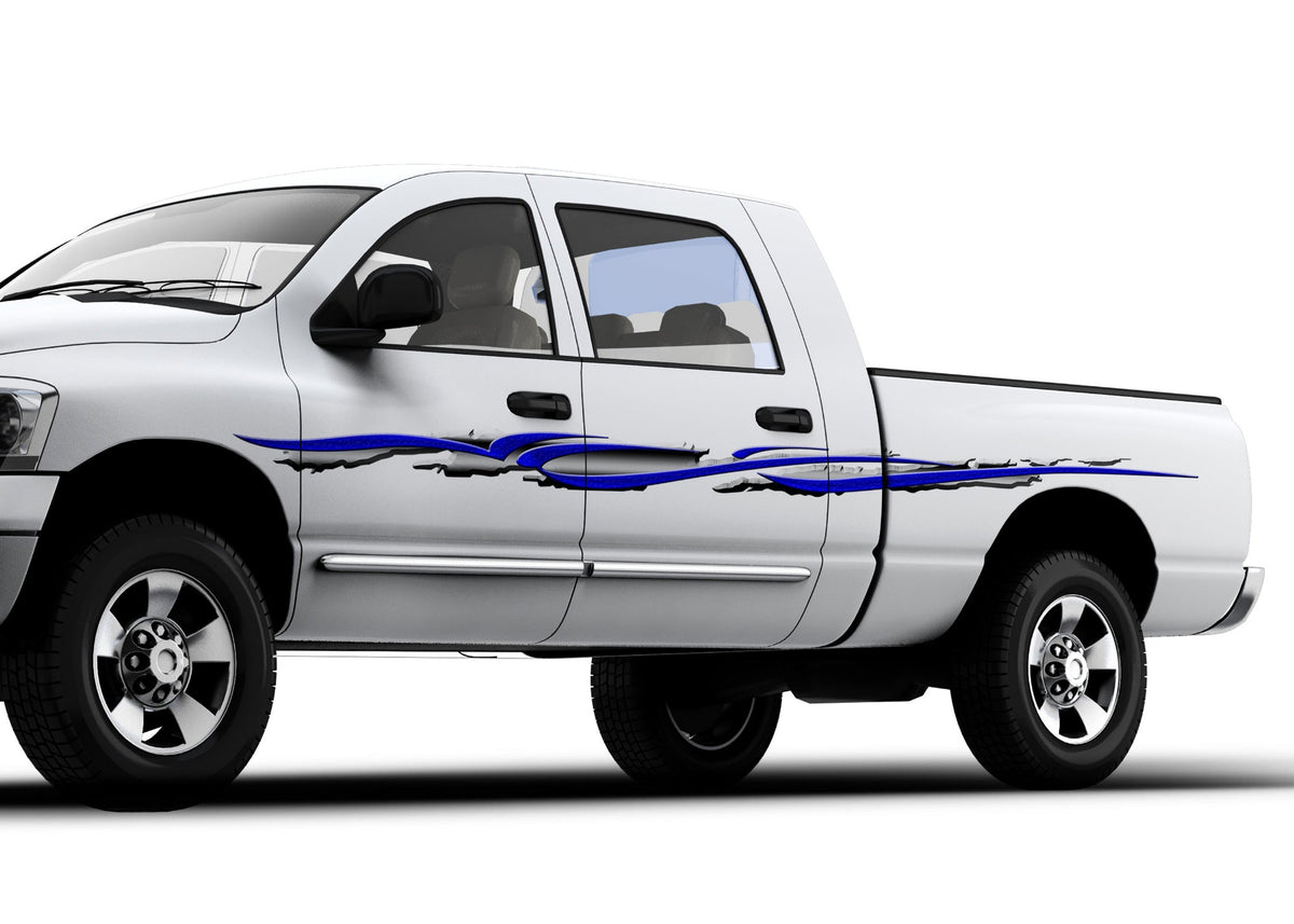 white truck with flight stripe decal on driver side
