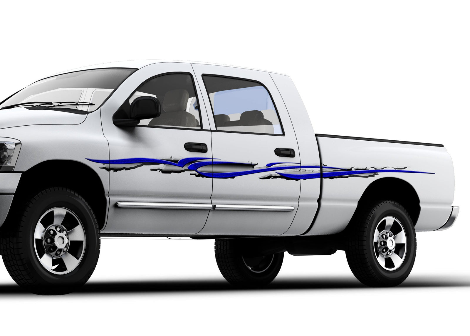 white truck with flight stripe decal on driver side