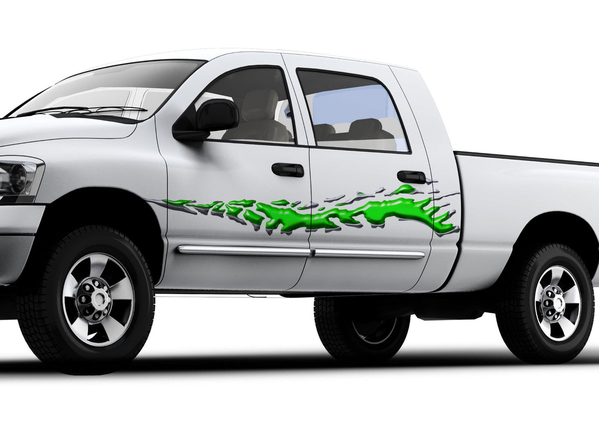 white truck with green mud splash vinyl decal on driver side