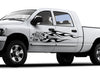 white truck with jaguar flames vinyl cut decal on driver side