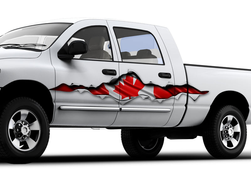 white truck with large canadian flag rip vinyl decal on its cab side