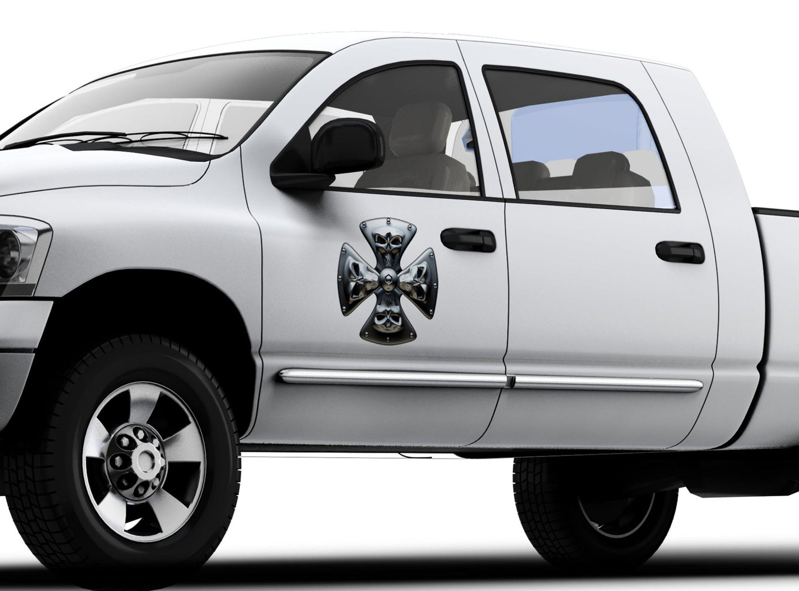 white truck with maltese cross skulls decal on driver side door