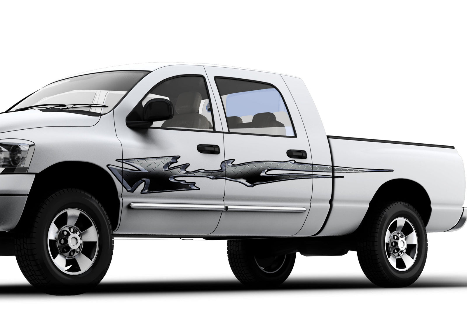 white truck with maltese cross vinyl graphic on driver side