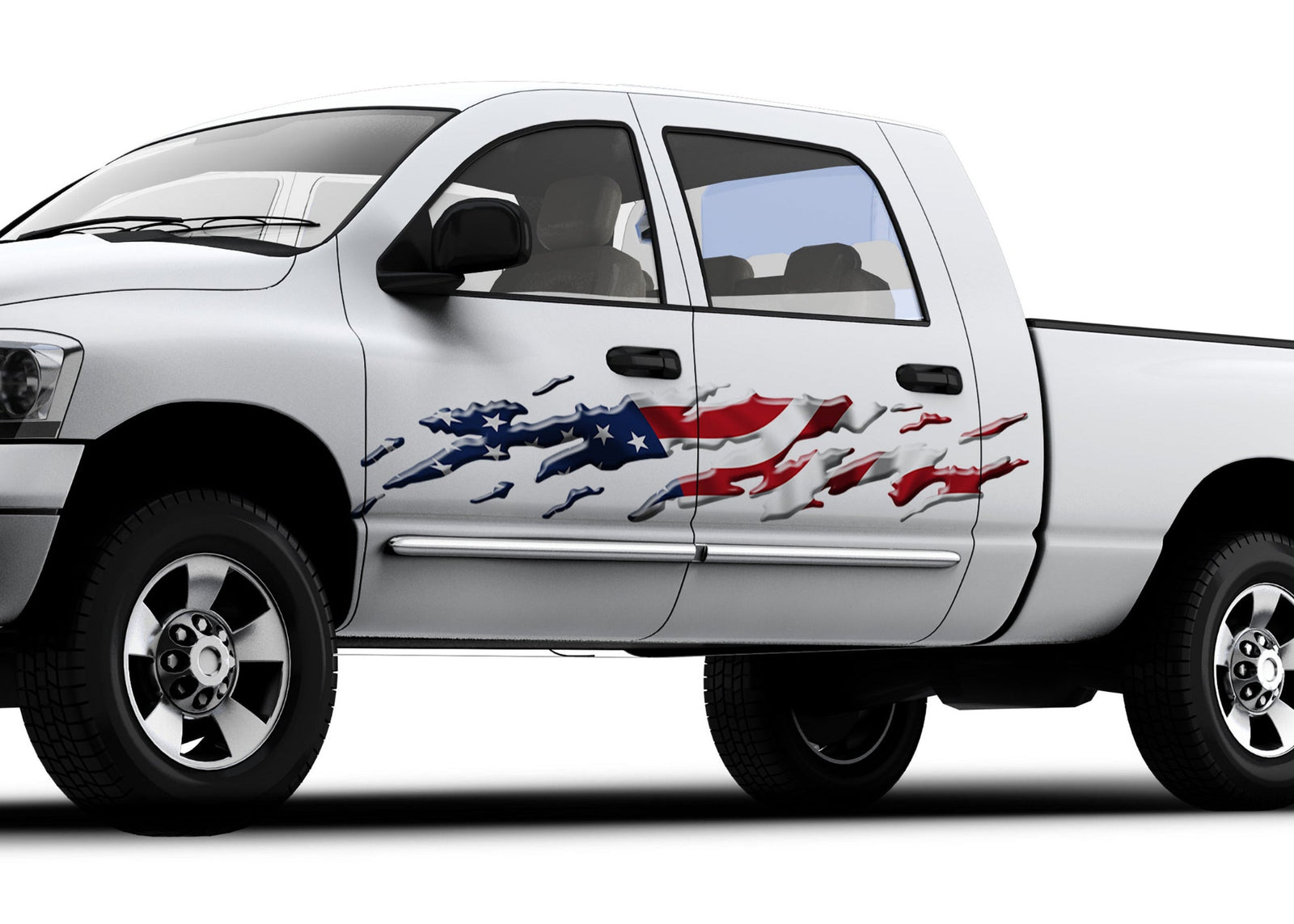 white truck with mud splash american flag vinyl graphics on driver side