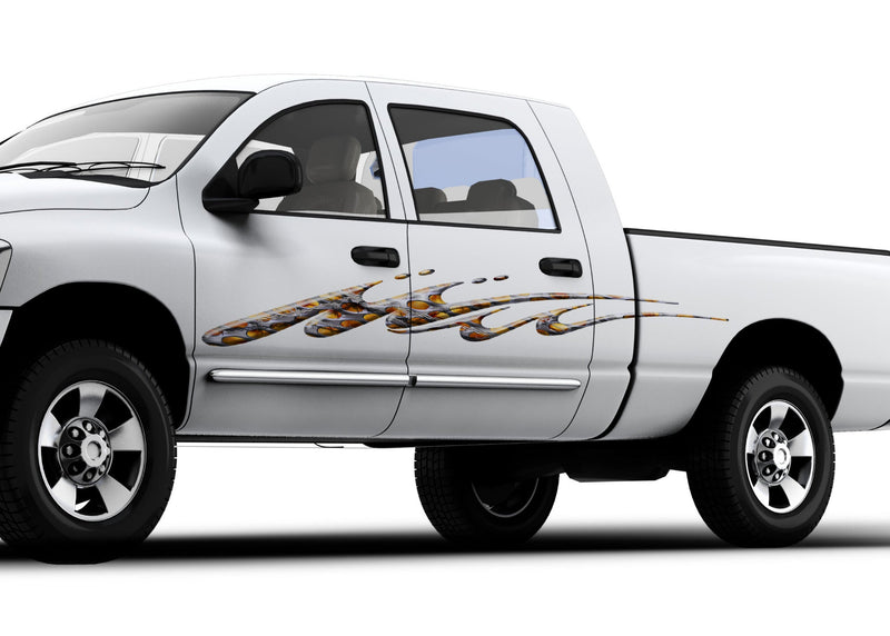 white truck with mud splash stripe vinyl graphics on driver side
