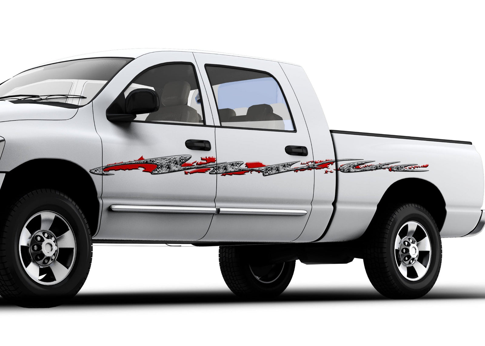 white truck with riptide checkers vinyl decal on driver side