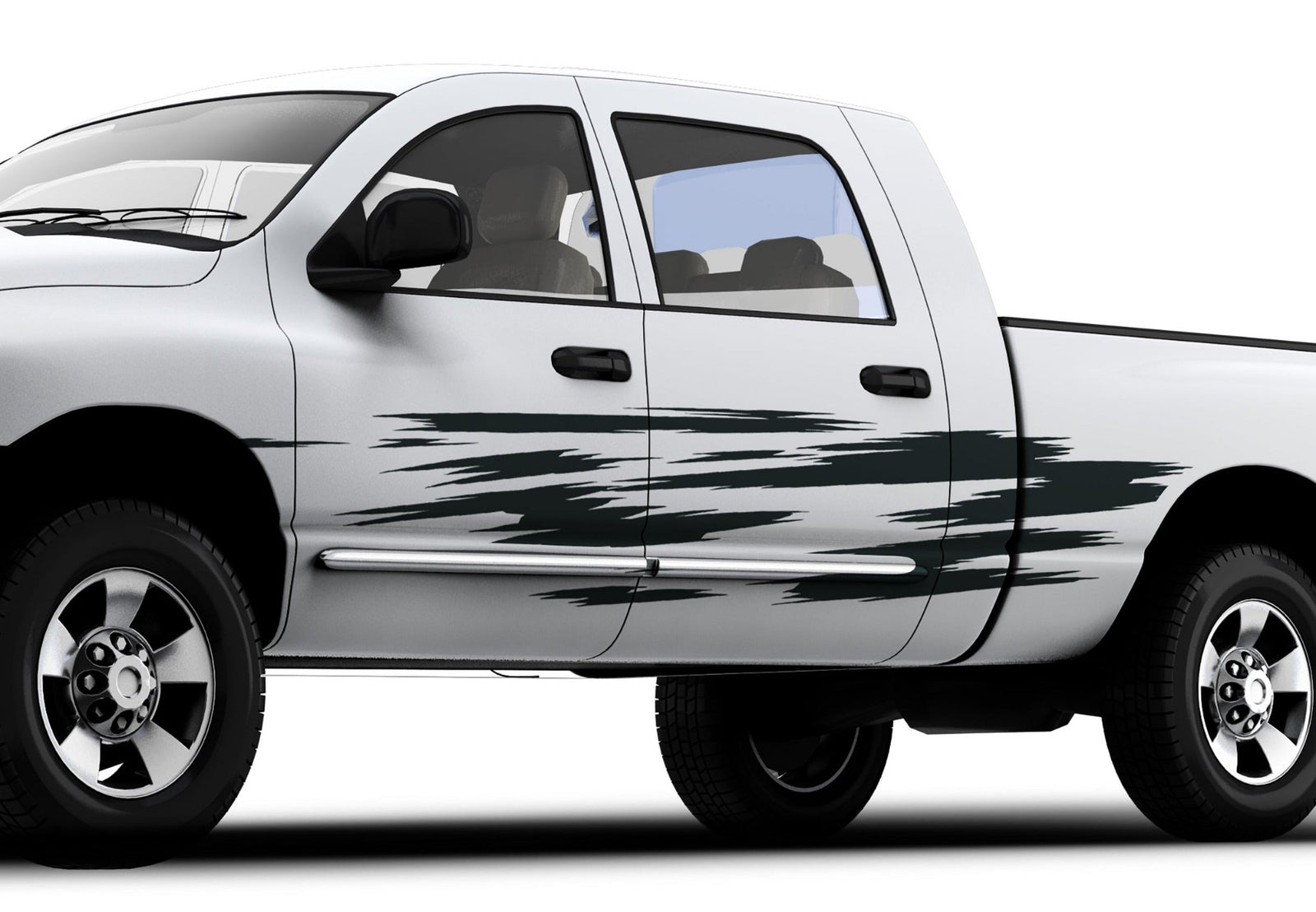 white truck with scratch style 4 vinyl stripes decals on its driver side